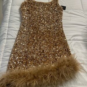 Better Be Gold Sequin Dress with Feather Trim